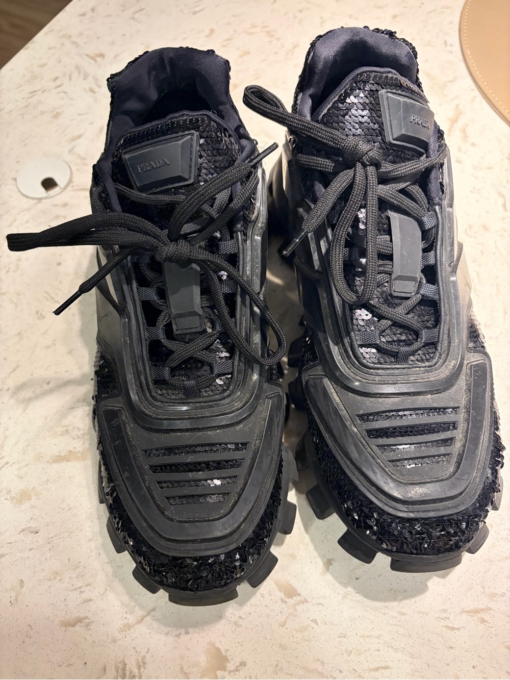 Prada Black Sequin-Embellished Lace-Up Chunky Sneakers